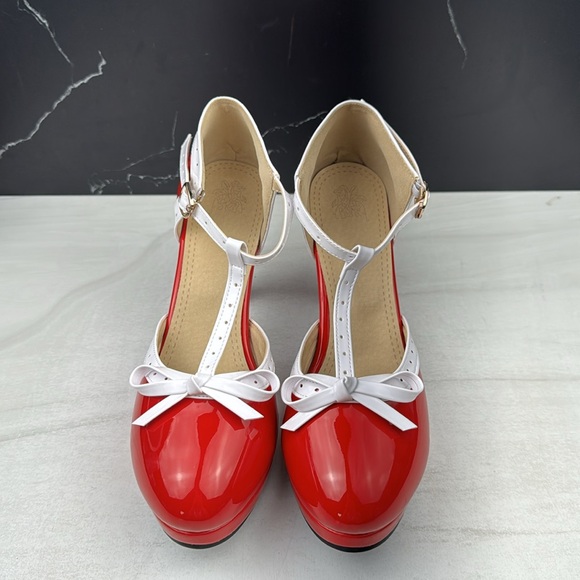ForeMode Fashion T-Strap Bow Platform Round Toe High Heels Red/White sz 10.5 - Picture 8 of 14